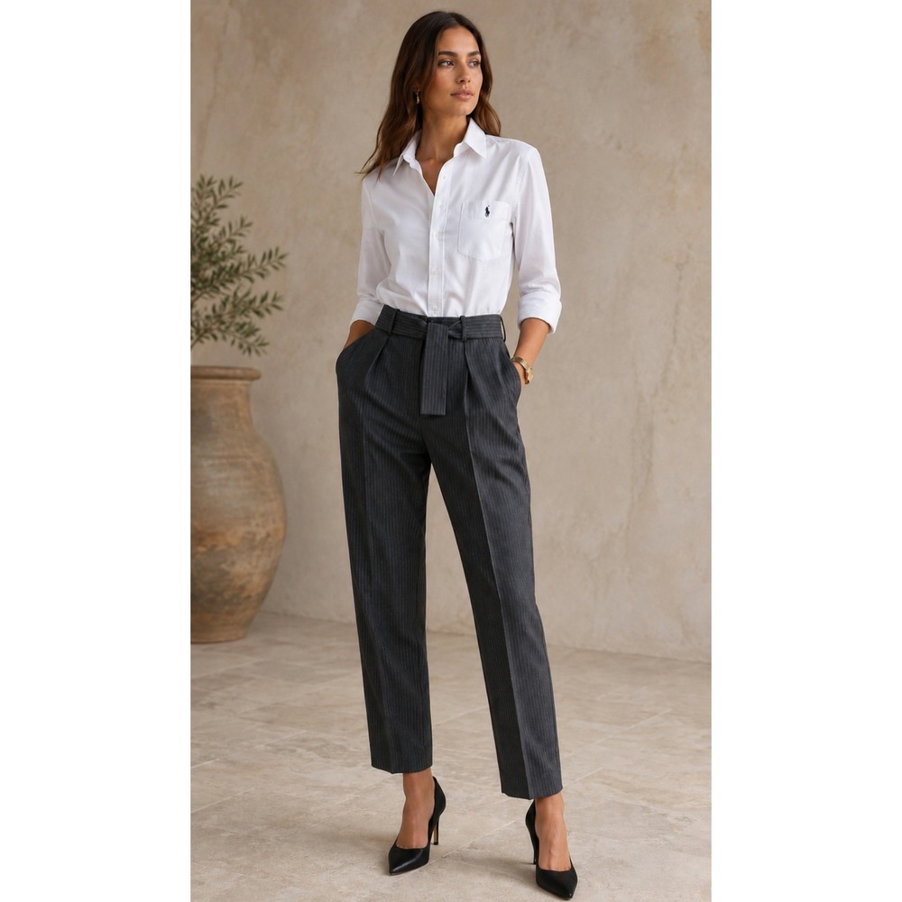 Polo Ralph Lauren Women 6 Charcoal Grey Pinstripe 100% Wool Belted Pleated Pants
